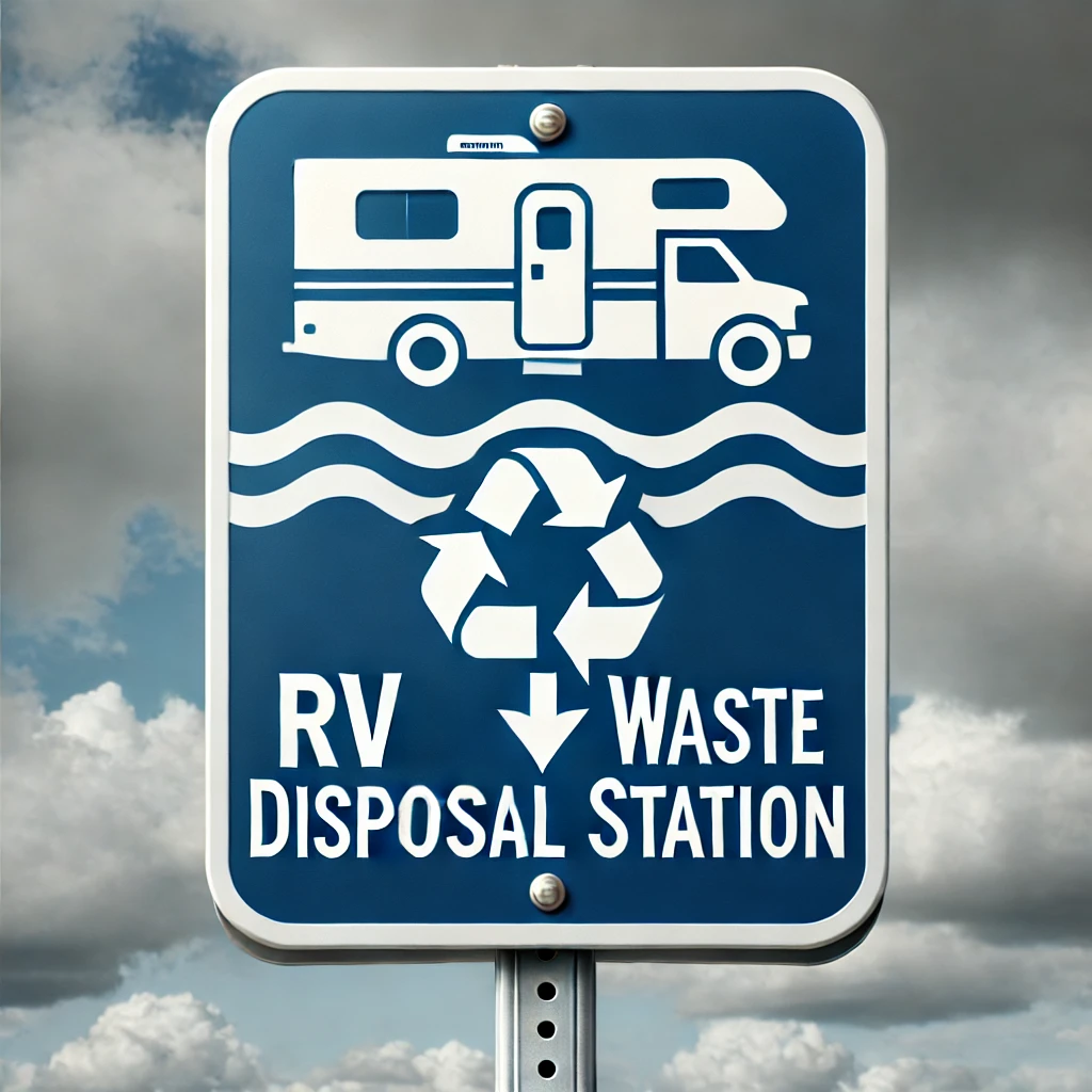 a blue sign with a picture of a rv and a recycle symbol