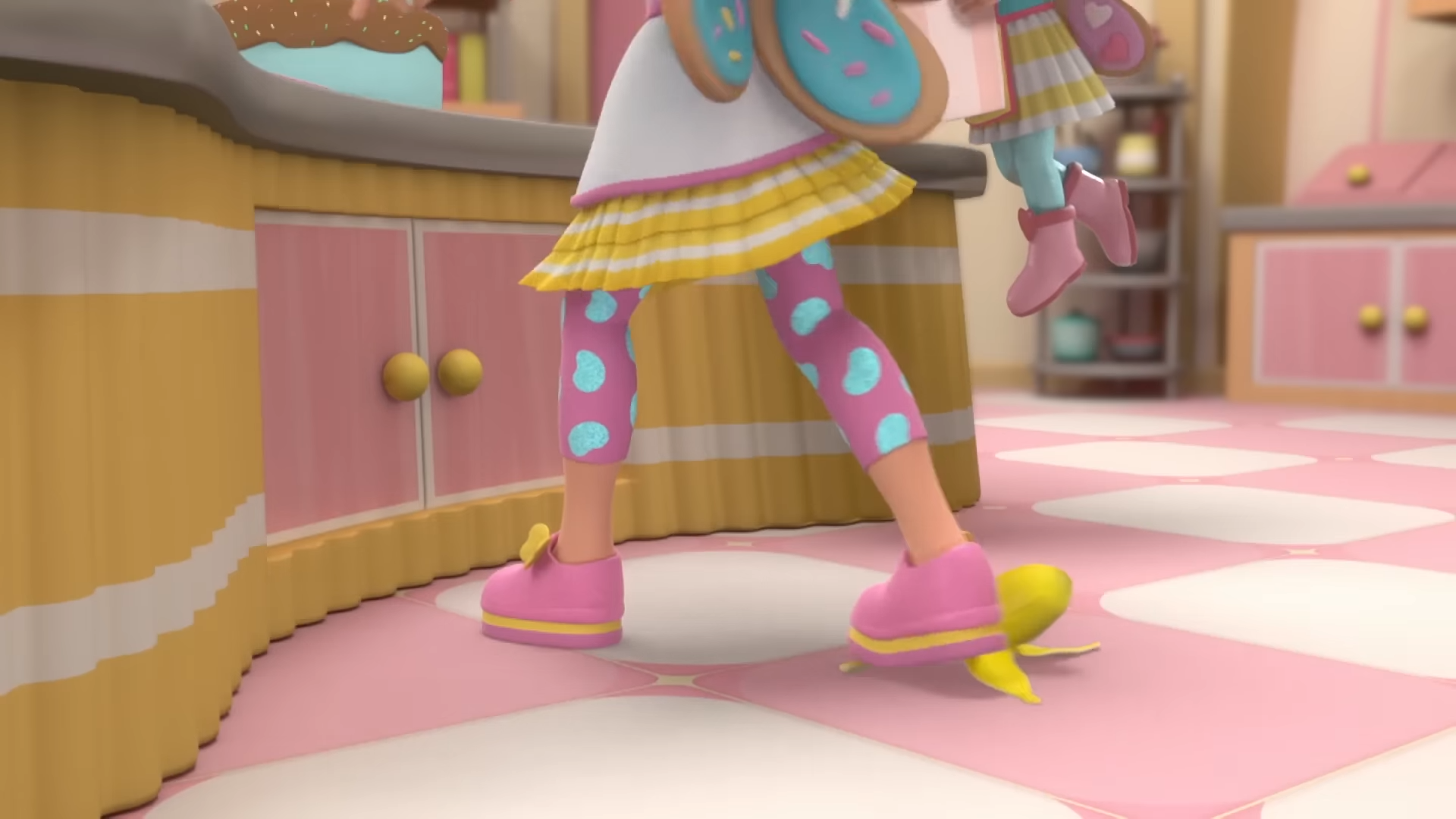 cartoon characters in pink and yellow shoes