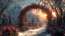 a snow covered path with a archway