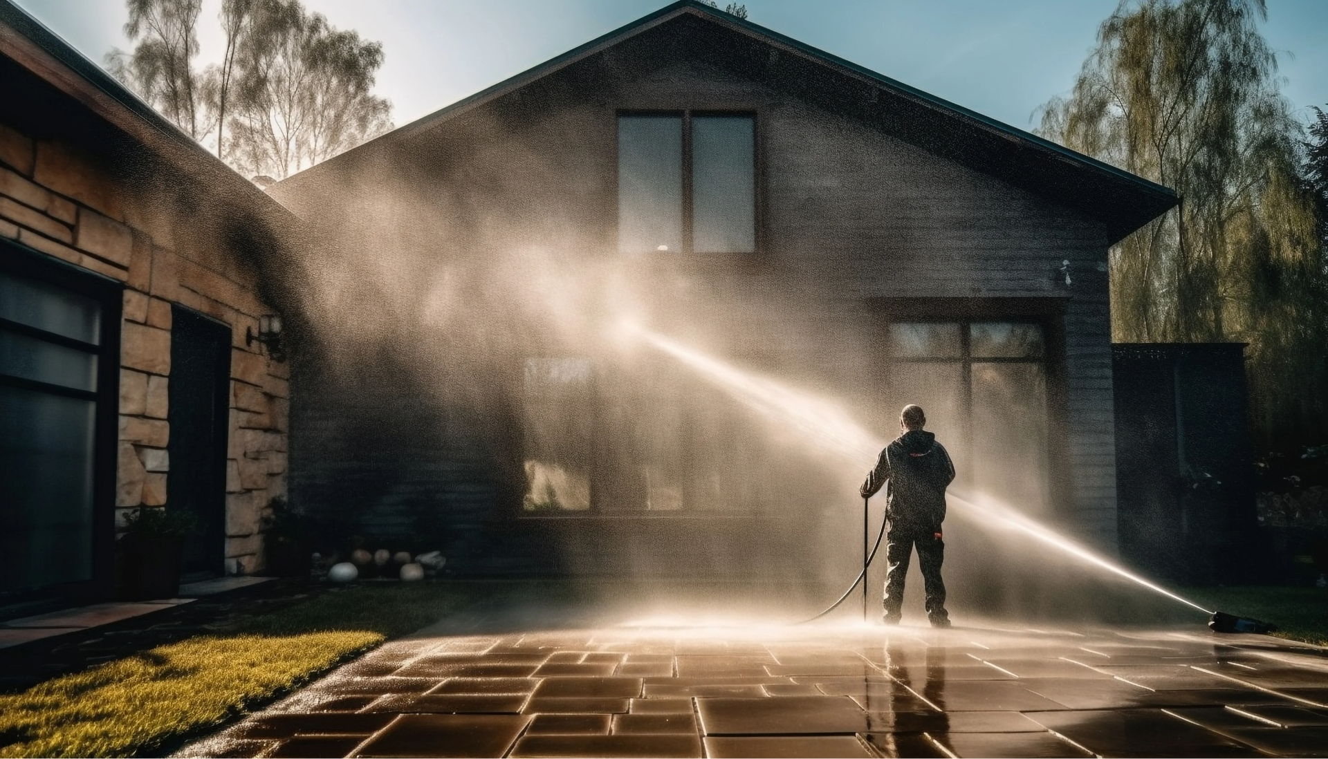 a person spraying water on a patio