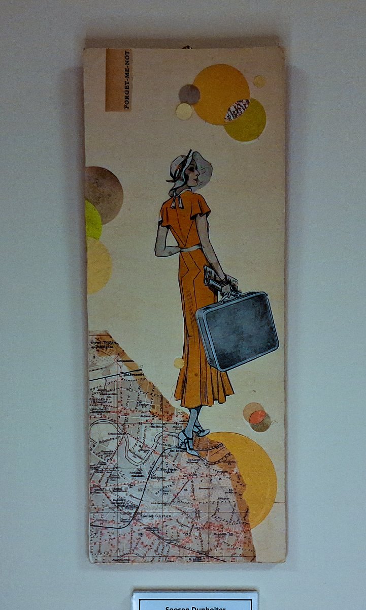 a painting of a woman holding a suitcase