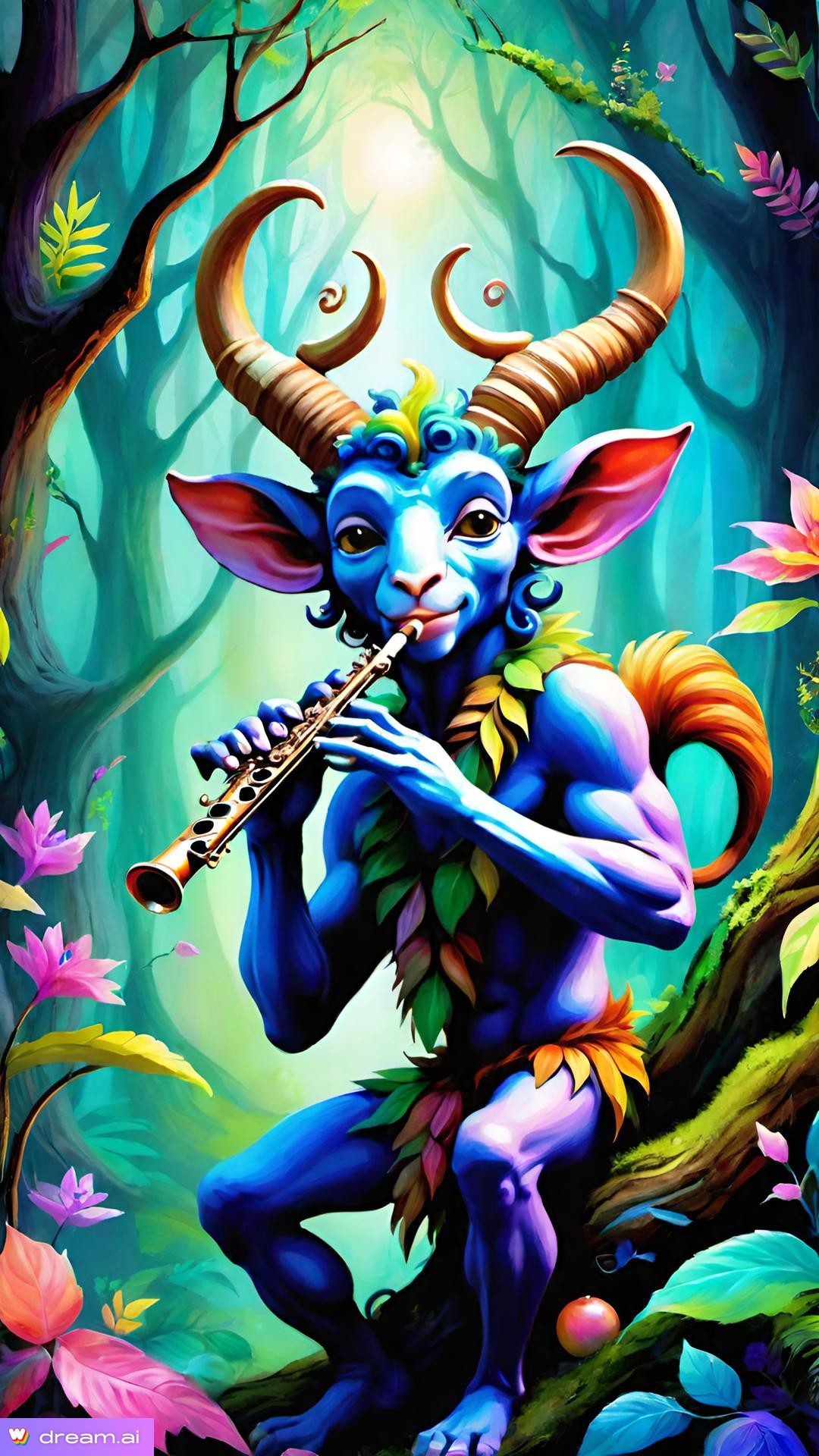 a cartoon of a blue creature playing a flute in a forest