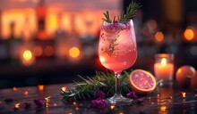 a glass of pink drink with a slice of grapefruit and rosemary