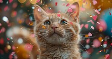 a cat looking up at confetti