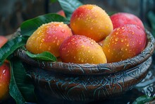 a bowl of fruit with water drops on it