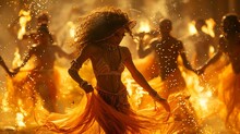 a woman in a dress dancing in flames