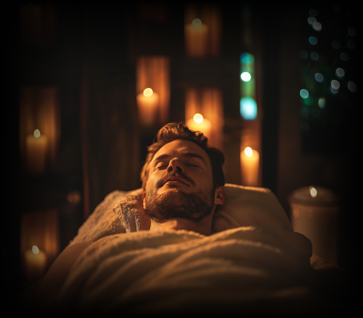a man lying on a bed with candles in the background