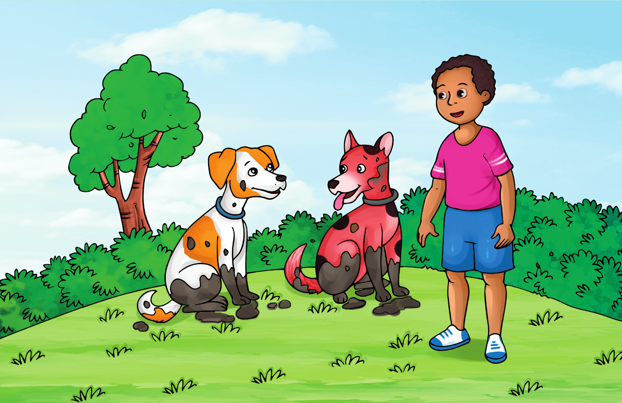 a cartoon of a boy and two dogs