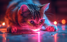 a cat lying on the ground with pink lights