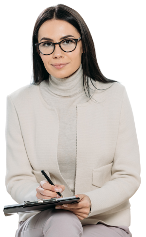 a woman wearing glasses and a white sweater holding a pen