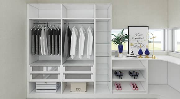 a white closet with shelves and shoes