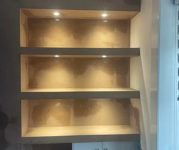 a shelf with lights on it
