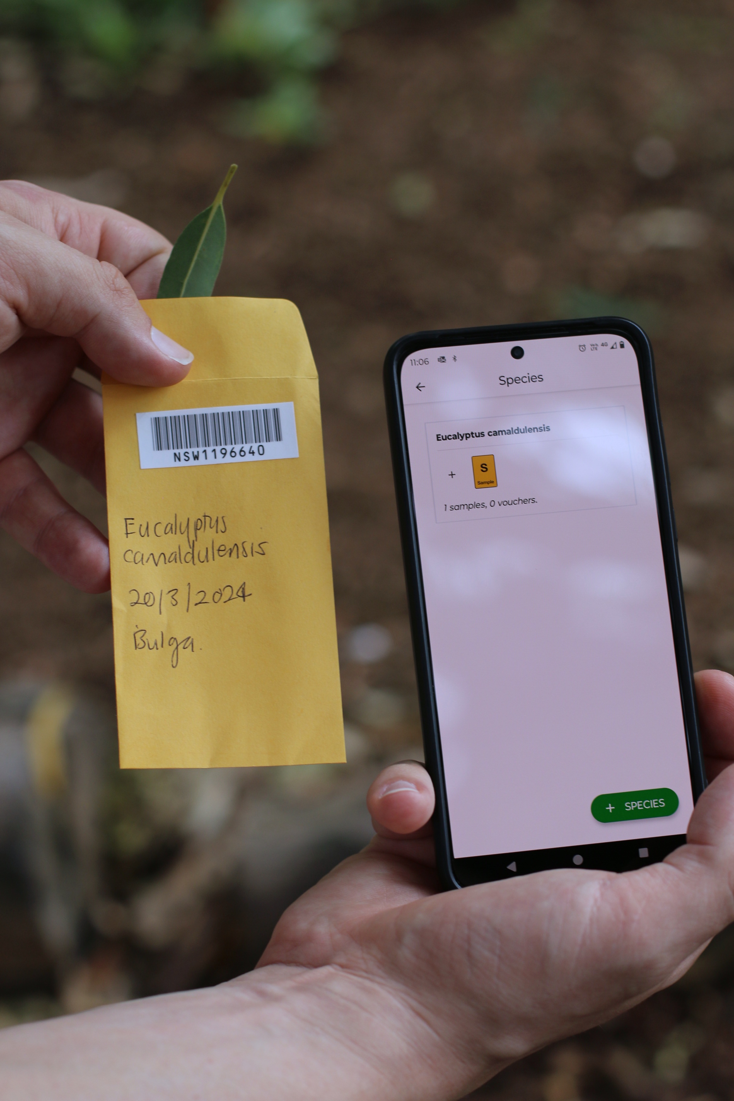 a hand holding a phone and a yellow envelope