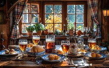 a table with food and drinks on it