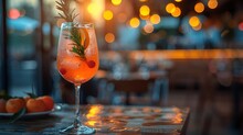 a glass of orange drink with a sprig of rosemary