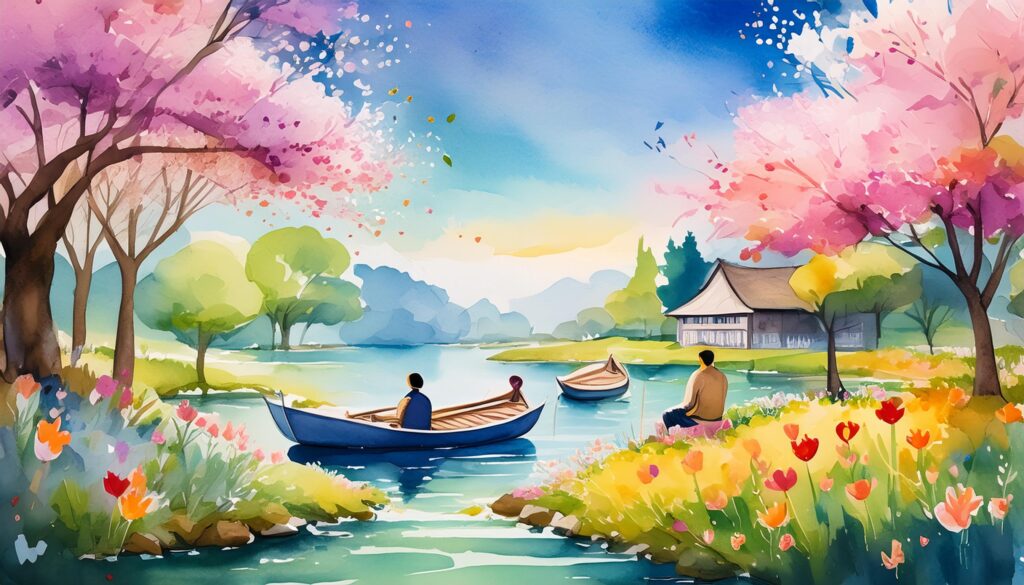 a painting of people in boats on a lake