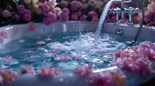 a water pouring into a bathtub with flowers