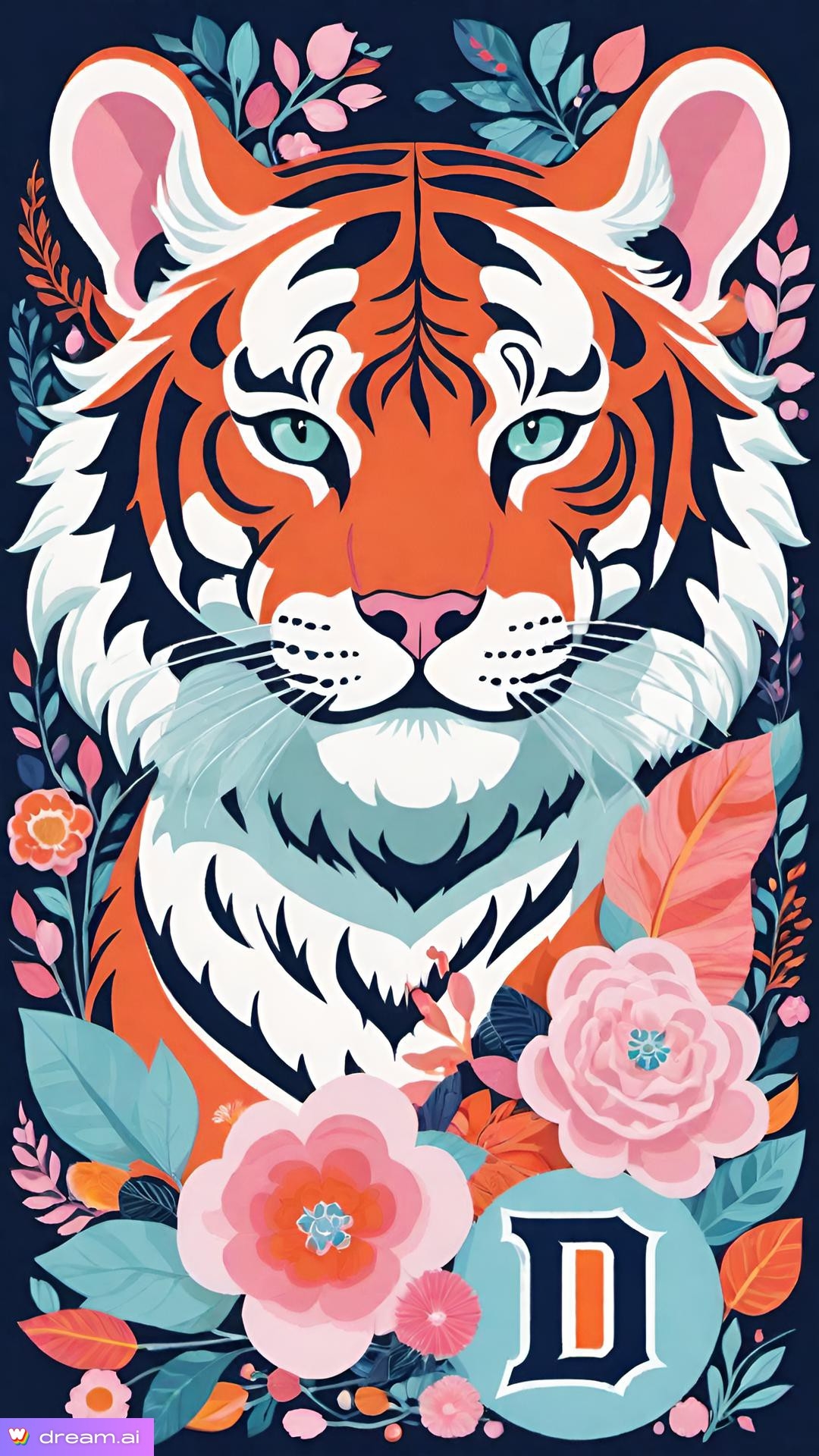 a painting of a tiger with flowers