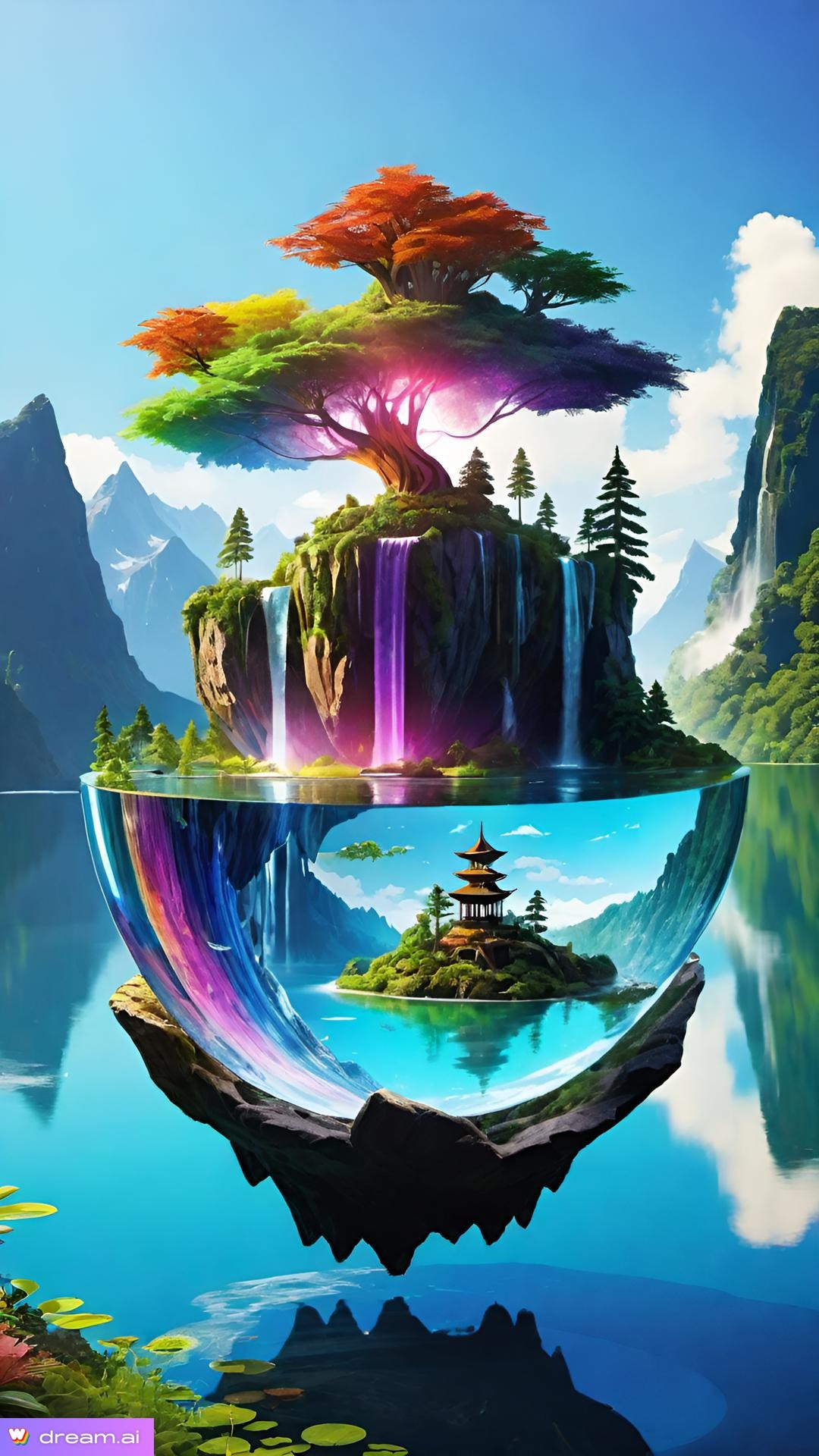 a colorful island with trees and a waterfall