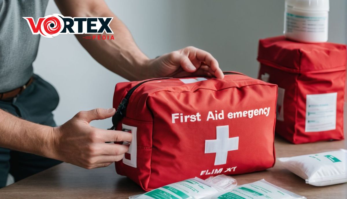 a person putting a first aid kit on a table