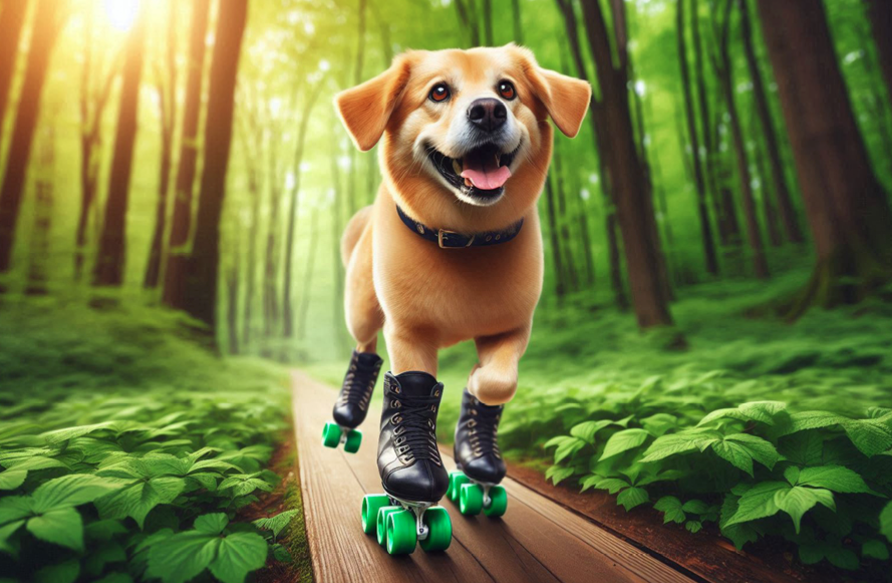 a dog wearing roller skates on a path in the woods