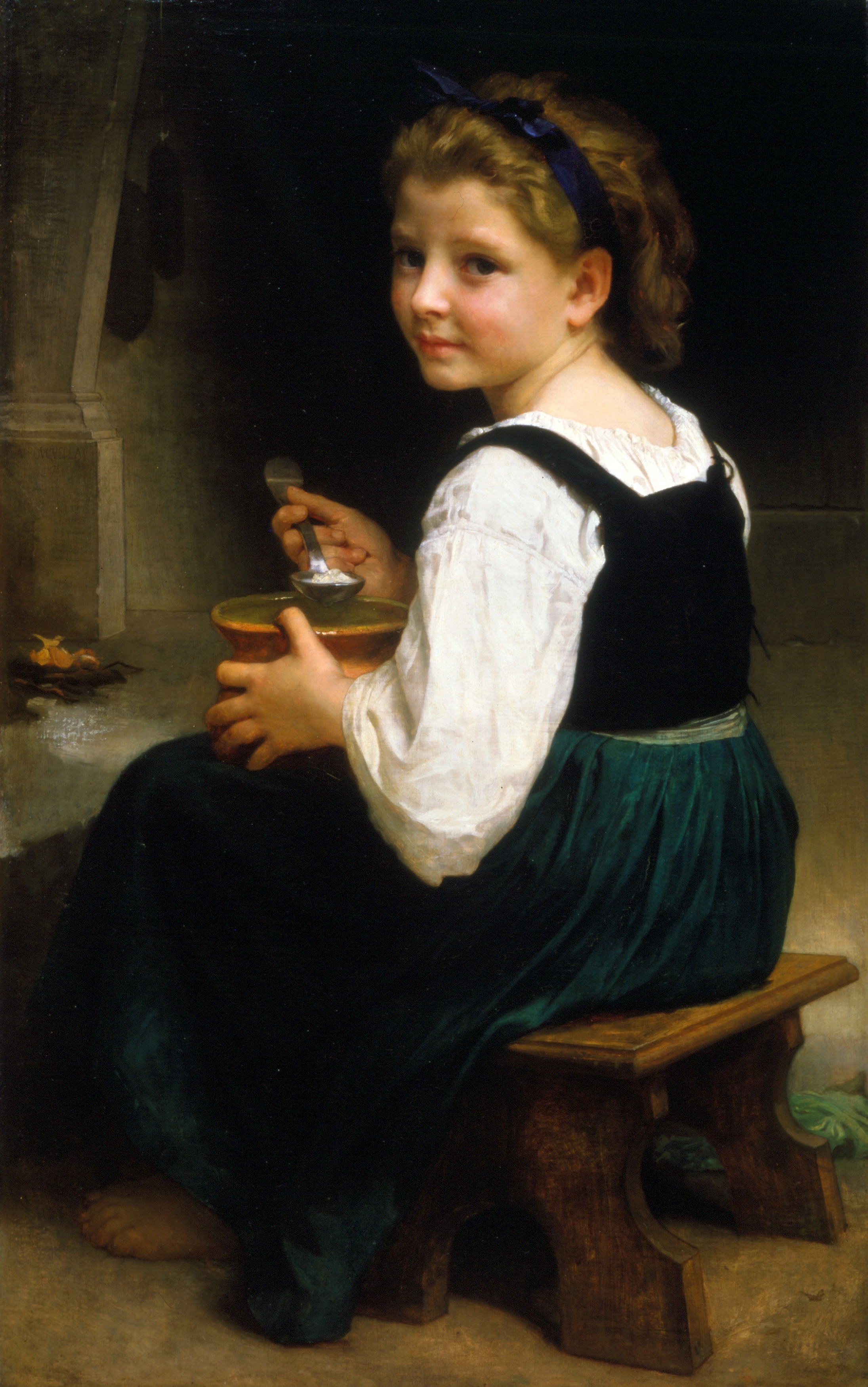 a girl sitting on a stool holding a spoon