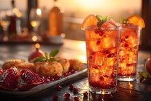 a two glasses of ice tea with fruit on a tray