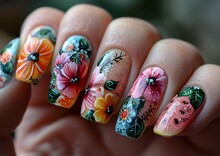 a painted fingernails with flowers