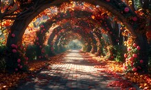 a tunnel of trees with red and orange leaves