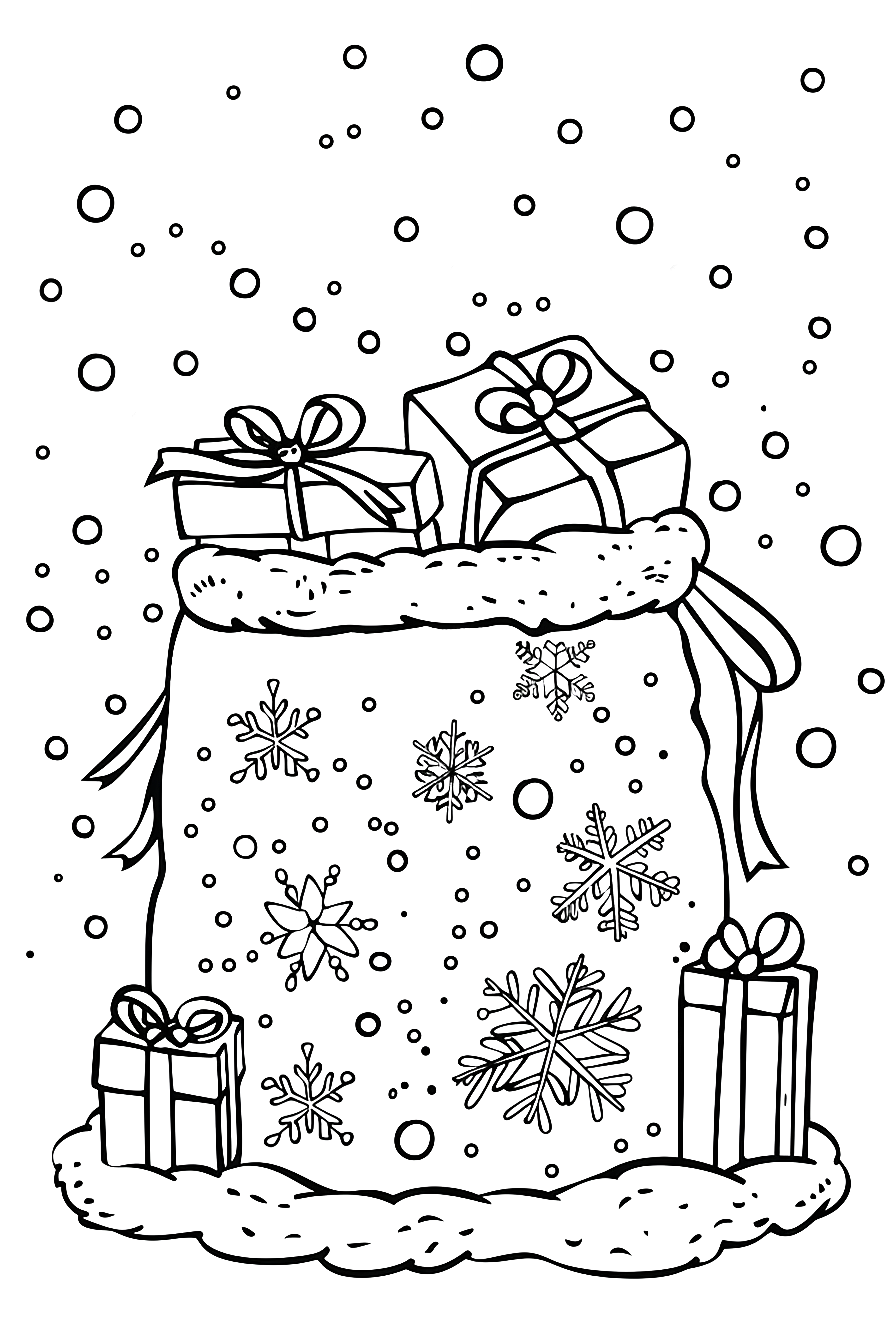 a black and white drawing of a bag with presents