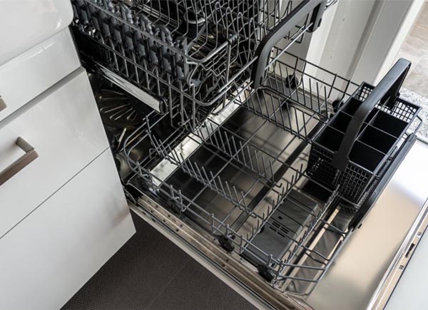a dishwasher with a basket open