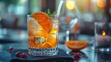 a glass with orange slices and ice in it