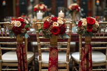 a group of chairs with red and white flowers