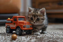 a kitten playing with a toy truck