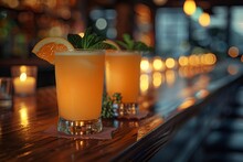 two glasses of orange liquid on a bar