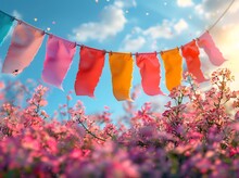 a colorful flags from a string in a field of flowers