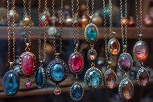 a group of necklaces with different colored stones