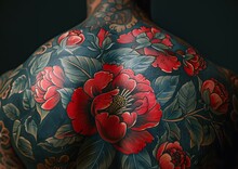 a back of a person with tattoos