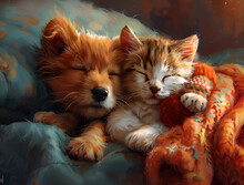 a cat and dog sleeping together