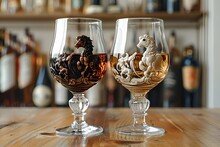 two glasses with animal figurines in them