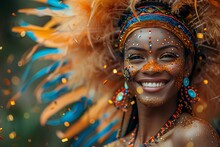 a woman with orange and blue feathers