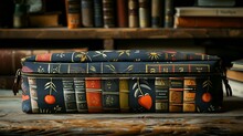 a stack of books on a wooden surface