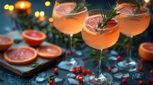 a group of glasses with oranges and rosemary