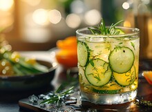 a glass of cucumber and rosemary drink