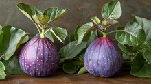 two figs with leaves on a table