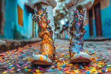 a person wearing white boots with colorful confetti on them