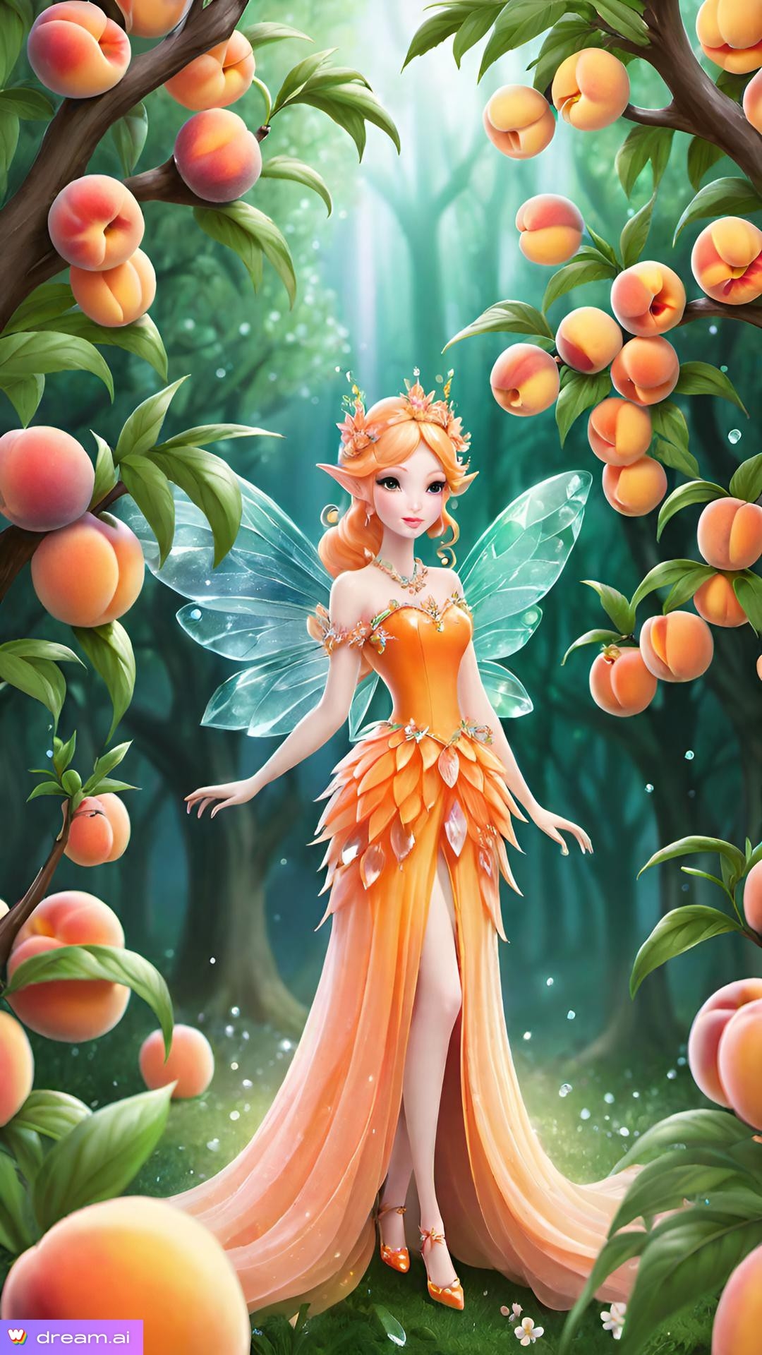 a cartoon of a fairy in a peach forest