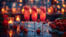 a group of glasses with pink liquid and berries on a table