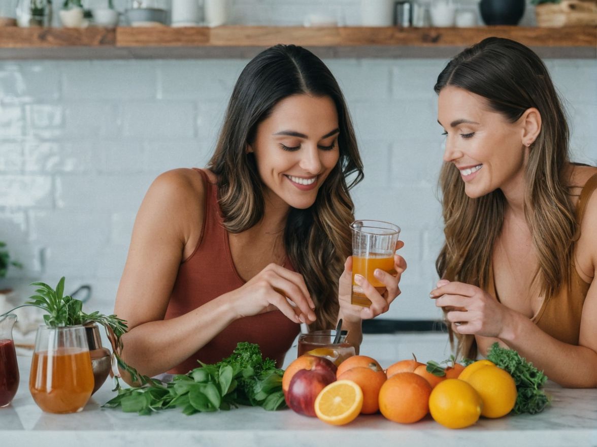 two women sitting at a table with fruits and drinks