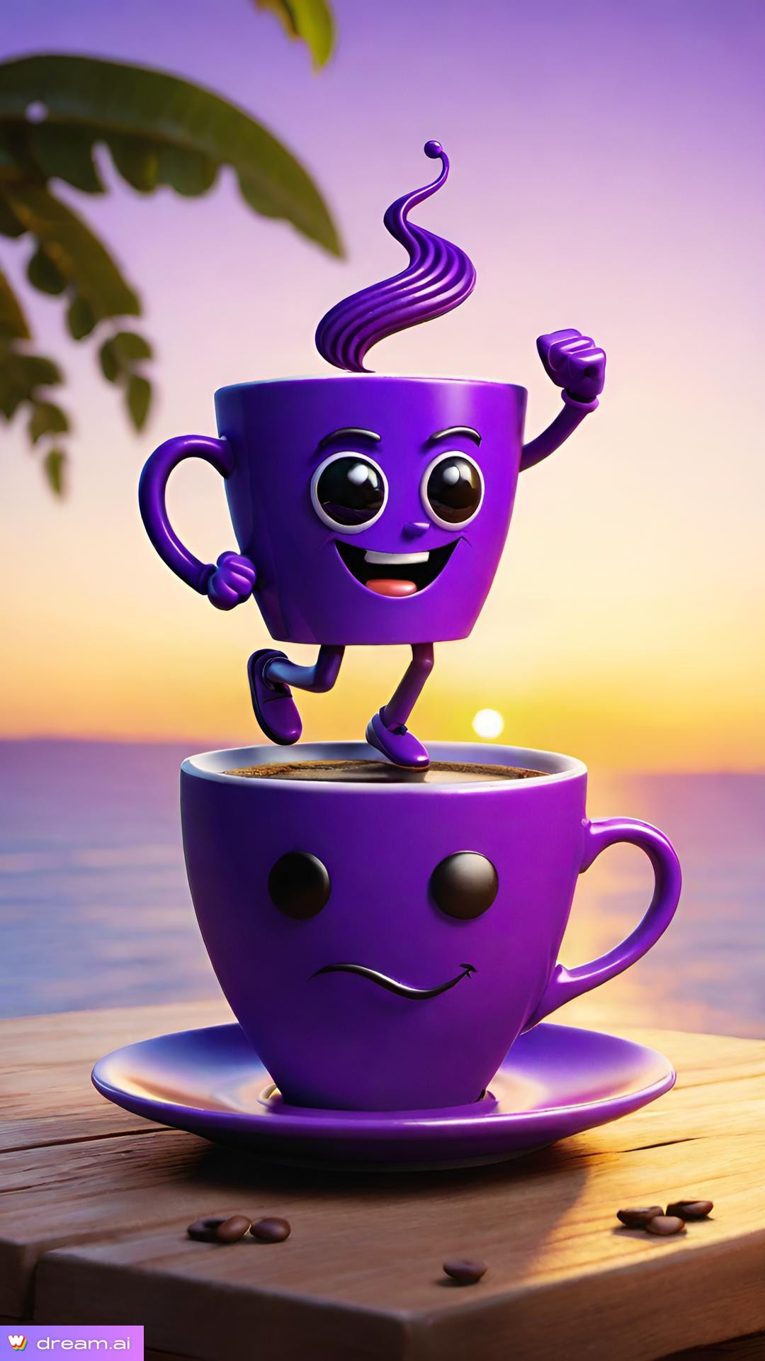 a purple coffee cup with a cartoon character standing on top of it